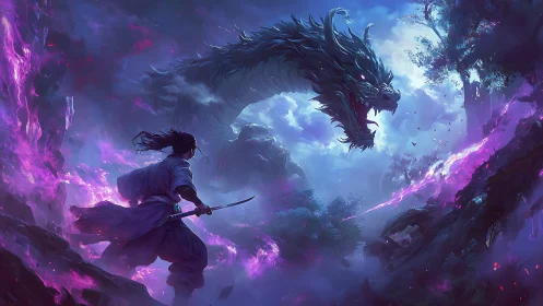 Samurai confronts spectral dragon amid violet stormfire.