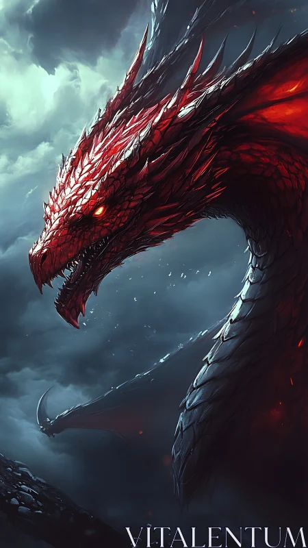 Crimson-scaled dragon profile with glowing embers and stormclouds