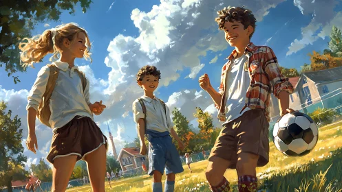 Three children playing soccer outdoors on sunny day