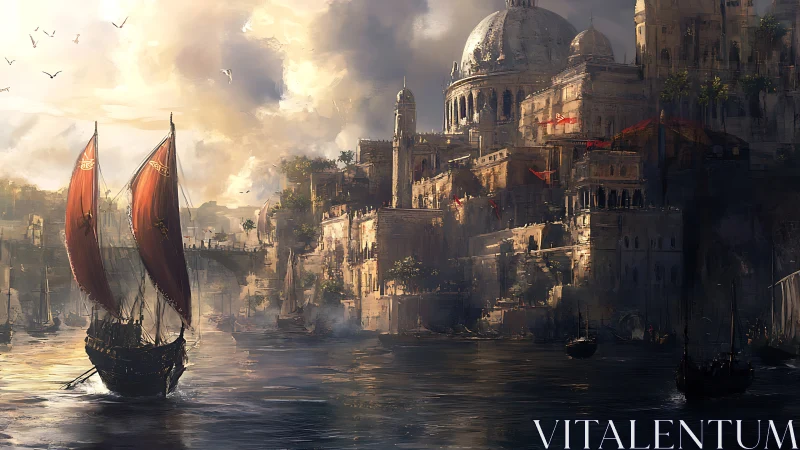Sunlit domes and crimson sails crown a misty harbor realm.