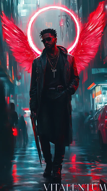 Neon-winged vigilante strides through rain-soaked cybercity.