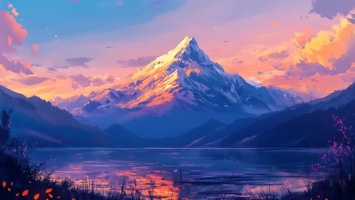 Snow peak dominates vivid sunset lake panorama