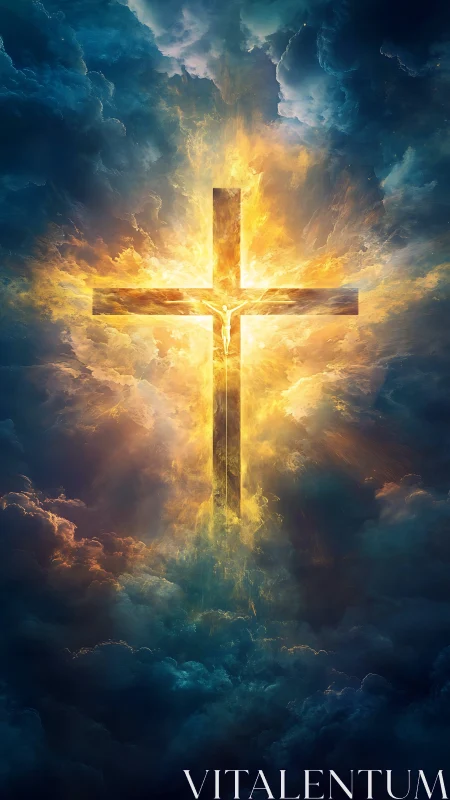 Radiant golden cross glowing in stormy blue clouds sky.