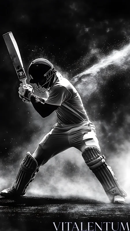 Dramatic monochrome cricket batsman striking in dust storm.