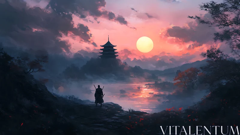 Lone wanderer approaches lakeside pagoda at burning sunset.