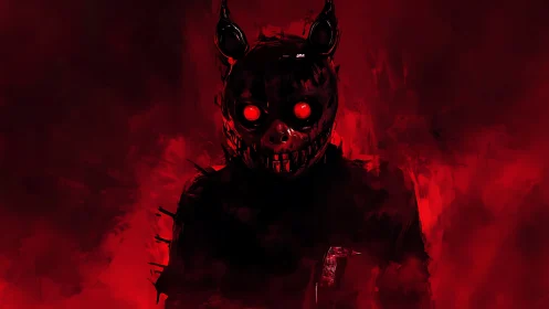 Crimson nightmare figure with glowing eyes in swirling smoke.