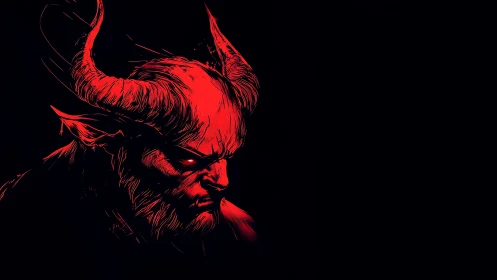 Horned demon profile glows in stark crimson shadowed void.