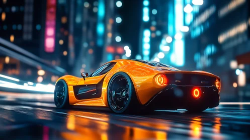 Orange futuristic sports car on wet neon city street.