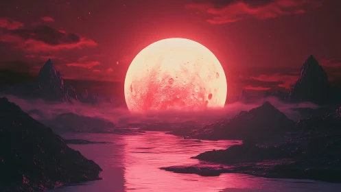 Crimson exoplanet seascape with oversized cratered moonrise