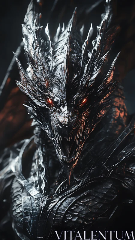 Metallic infernal dragon portrait with burning red eyes.