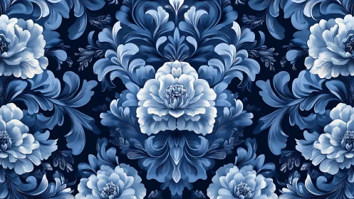 Blue floral damask pattern with layered peony blooms.