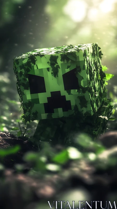 Vine covered voxel creature stalks sunlit forest floor.