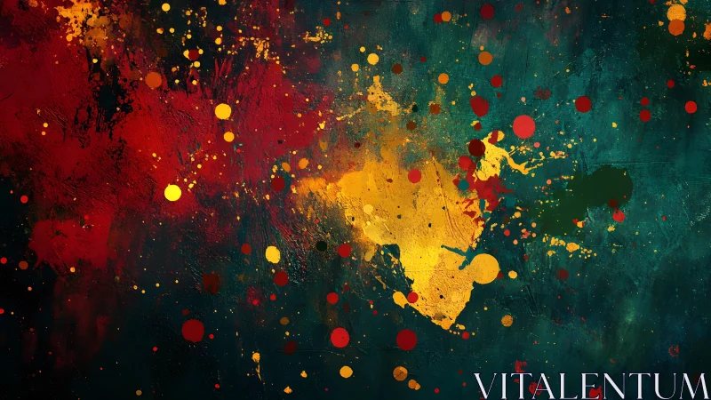 Vibrant Abstract Splatter Art with Red, Yellow, and Teal Tones.