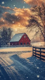 Red barn under snowfall rendered in warm cinematic lighting