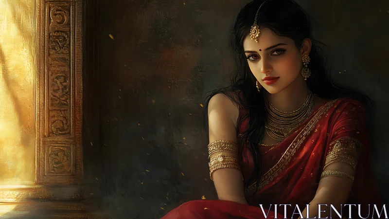 Elegant Indian Woman in Red Saree by Sunlit Pillar, Digital Art.