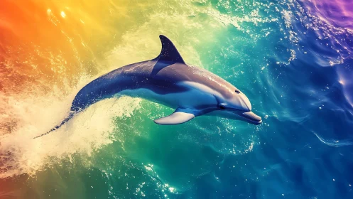 Rainbow-surfing dolphin cuts through a prism-splashed sea