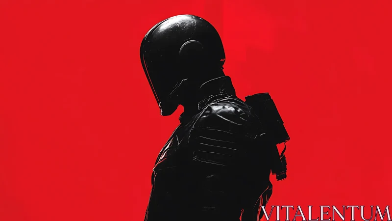 Solitary armored figure stands in stark red futuristic void