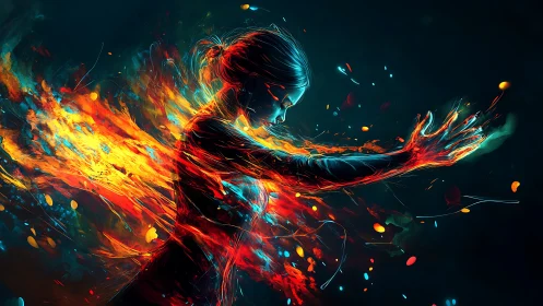 Fiery elemental woman unleashes radiant energy in motion.