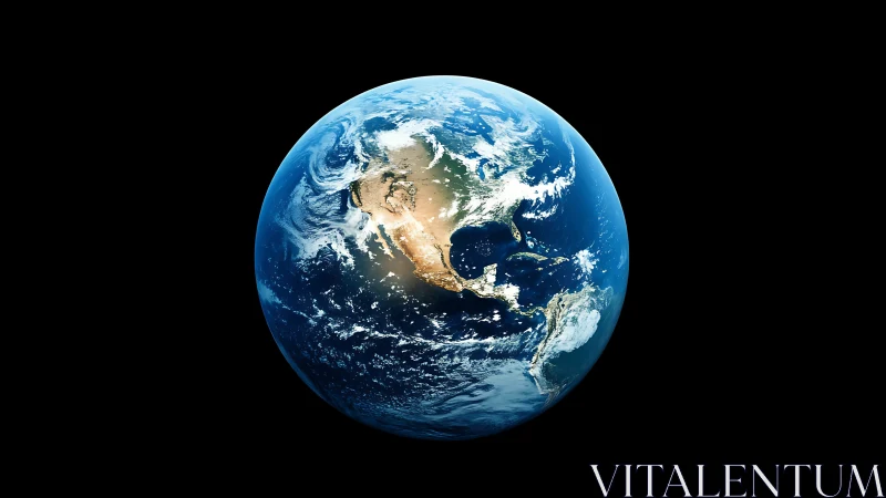 Blue planet quietly spins like a marble in endless night sky