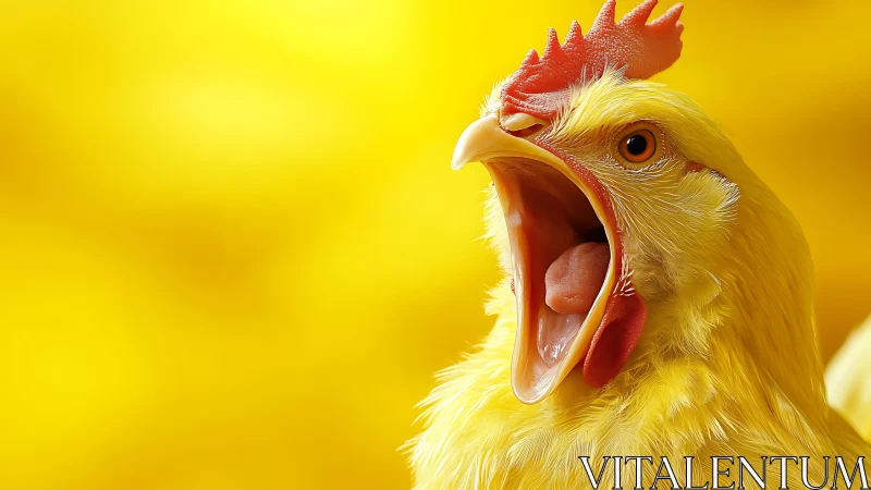 Yellow Rooster Profile Against Yellow Background, Mouth Open