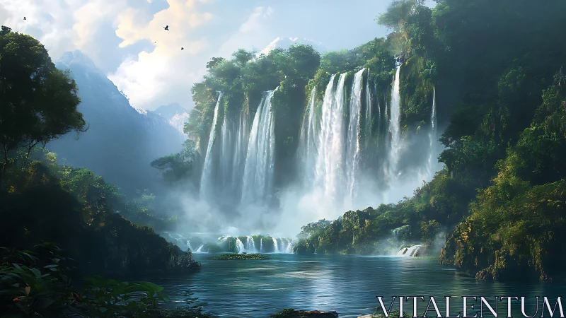 Multilayered jungle waterfall system in misted valley basin.