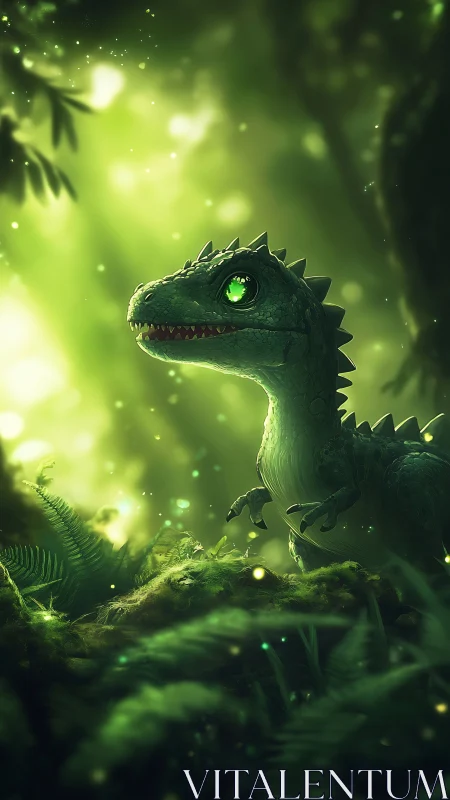 Bioluminescent hatchling raptor in volumetric jungle light.