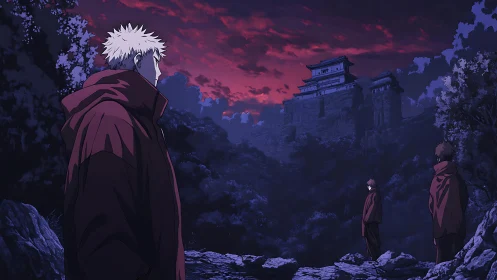 Storm-lit fortress above cloaked figures in brooding forest.