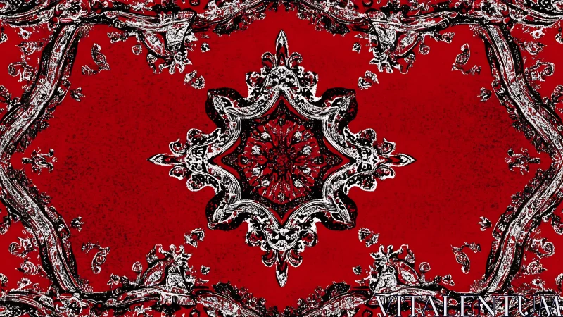 Radial paisley mandala with high-contrast red and distressed edging