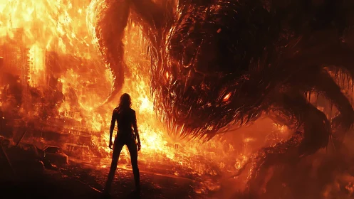 Human figure confronts colossal fiery monster in ruins.