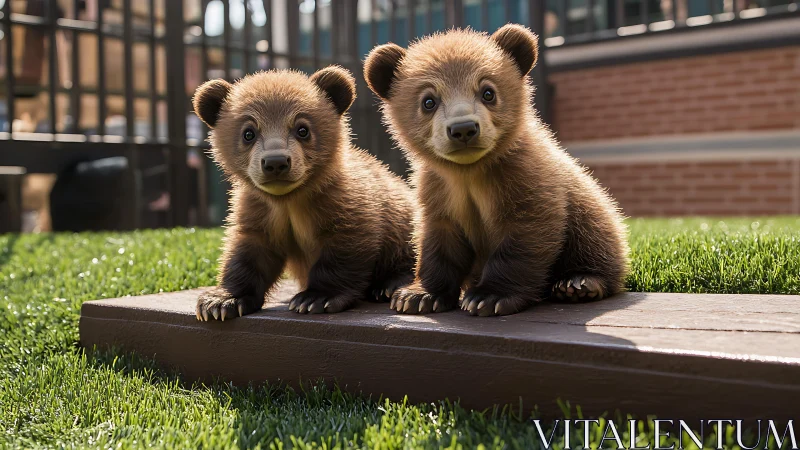 Twin bear cubs sit alert on sunlit grass in a zoo yard.