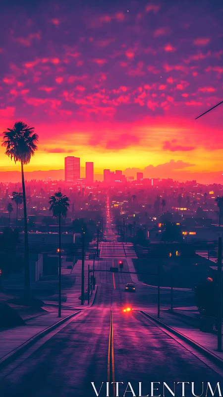 Neon gradient boulevard at dusk facing distant city skyline