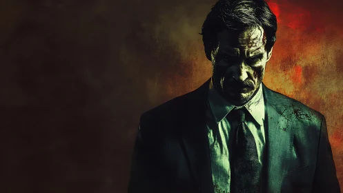 Storm-worn hitman broods in molten shadowed aftermath.