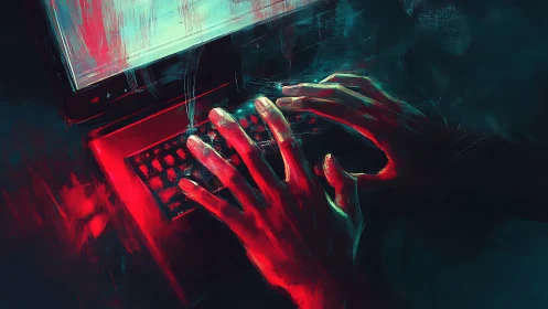 Hands typing on glowing keyboard in dark digital scene.