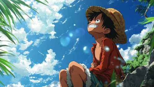 Straw hat boy gazes toward bright drifting summer sky.
