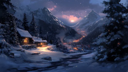 Winter valley lights under a soft, glowing mountain dusk.