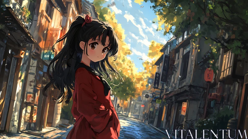 Girl in red coat on sunlit traditional street in autumn.