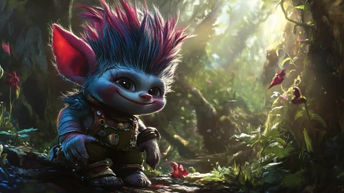 Small forest creature stands on mossy ground in sunlight