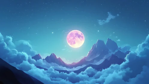 Luminous magenta moon above stylized alpine cloud sea at night