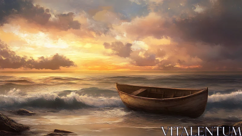 Wooden rowboat grounded in shallow coastal surf at dusk.