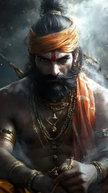 Fierce ascetic warlord crowned in firelit sacred smoke.