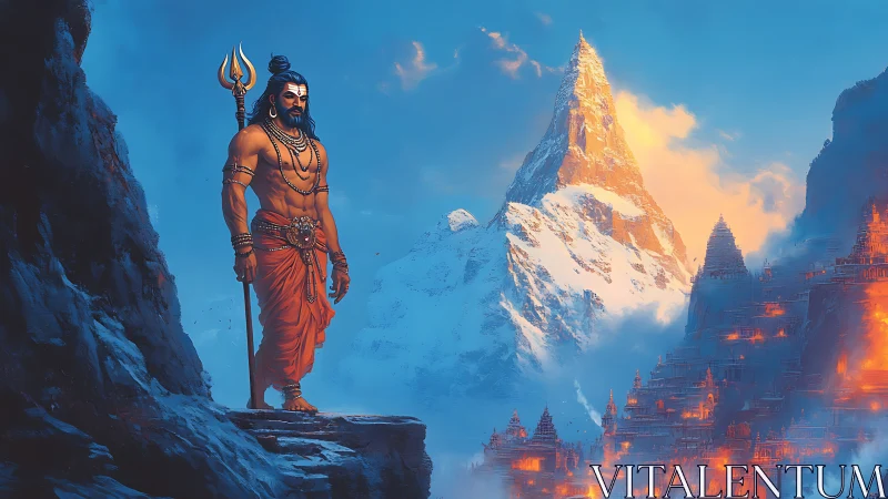 Mythic warrior overlooks illuminated Himalayan temple city at dusk