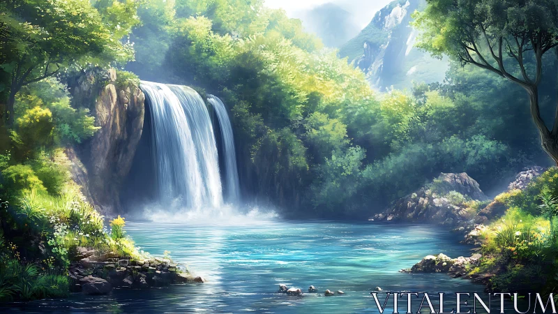 Sunlit forest waterfall cascades into clear turquoise pool