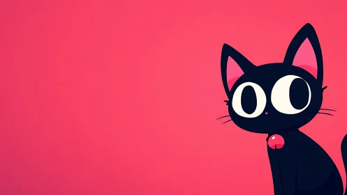 Stylized Black Feline Character with Oversized Eyes Against Vibrant Pink Background