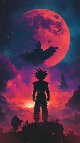 Cosmic warrior gazes toward a blazing crimson eclipse sky.