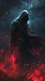 Hooded dark warrior stands in crimson embers and storm clouds