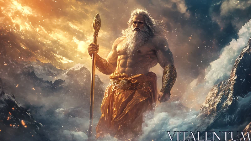 Mythic bearded warrior stands amid stormy mountainscape