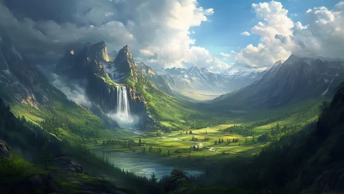 Sunlit alpine valley with cascading highland waterfall.
