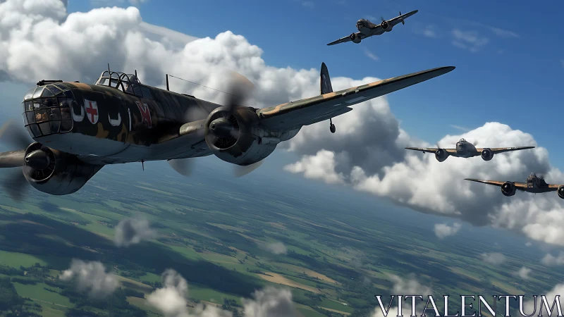 Photorealistic WWII bomber formation in dynamic aerial perspective.
