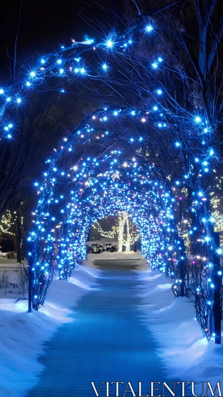 Snow-covered pathway under blue LED light tunnel at night.