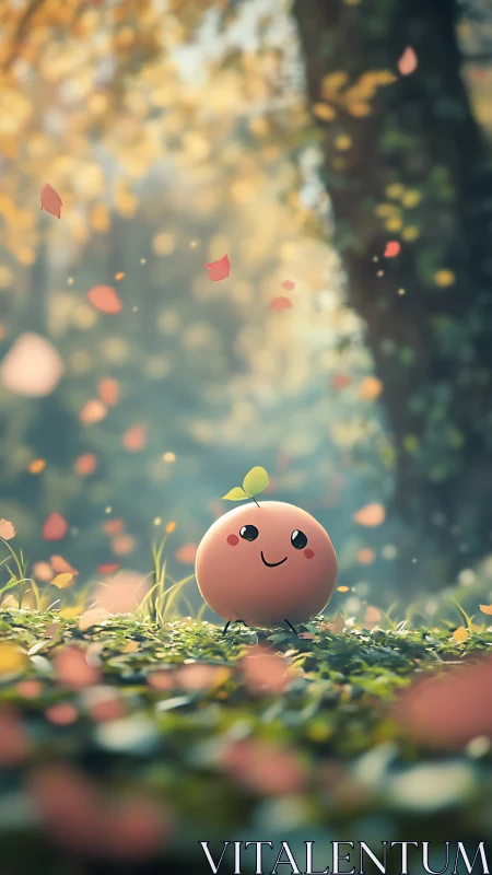 Smiling peach character in sunlit forest bokeh scene.